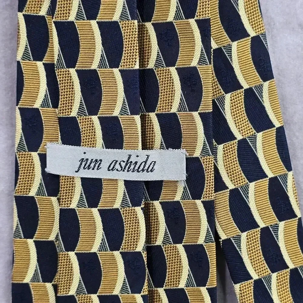 Jun Ashida Gold Blue Geometric‎ 100% Silk Neck Tie NWOT
